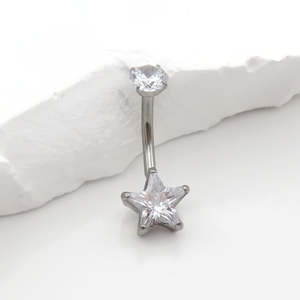 Jewellery With Gems: Star CZ Belly Button Navel Ring - Silver