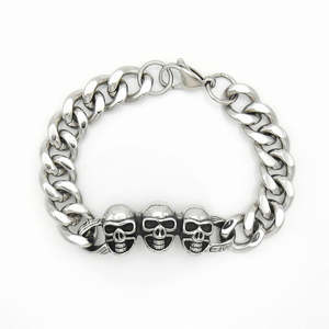 Bracelets: Stainless Steel Triple Skull Cuban Link Bracelet