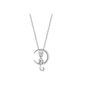 Sterling Silver CZ Cat on Moon Necklace