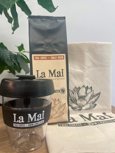 Products: 200g coffee and La Mai Tea Towel and Keep Cup combo La Mai Coffee