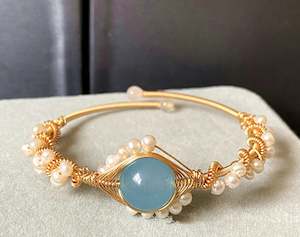 Jewelry Watches: 14K GoldWrapped Handmade Bracelet Hailan Baohai Sapphire Natural White Pearl Bracelet