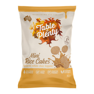 Vegetarian: Table of Plenty Caramel White Choc Topped Mini Rice Cakes 60g Share Pack