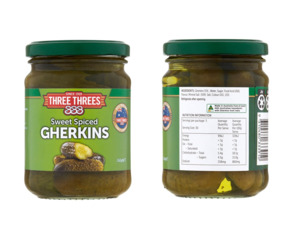 Three Threes Sweet Spiced Gherkins 260g - Bulk Buy Discount Available