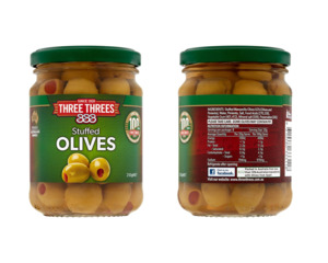 Three Threes Bulk: Three Threes Stuffed Olives 250g - Bulk Buy Discount Available