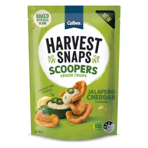 Snacks: Harvest Snaps Scoopers Veggie Crips Jalapeno Cheddar 90g