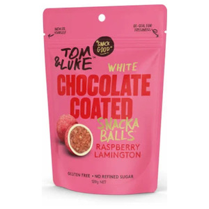 New: Tom & Luke White Chocolate­ Coated Raspberry Lamington ­Snack Balls 128g