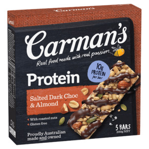 On Sale: Carmen's Protein Bars Salted Dark Choc & Almond 40g - 5pk - DATED 11/11/25