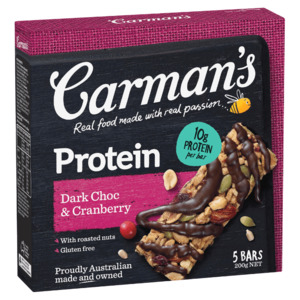 On Sale: Carmen's Protein Bars Dark Choc & Cranberry 40g - 5pk DATED 11/11/25