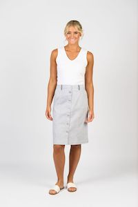 Vassalli: Knee Length Skirt with Contrast Buttons and Trim - Ink/White Stripe