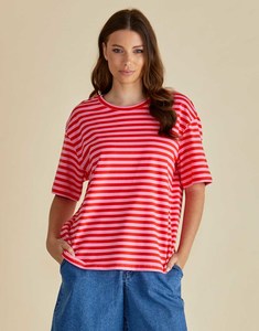 Tops: Relax Boxy Tee / Pink Red Stripe