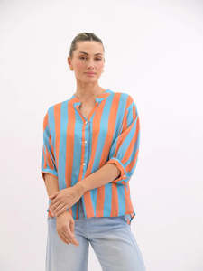 Worthier The Label: Dorothy Stripe Linen Shirt - Aqua & Orange