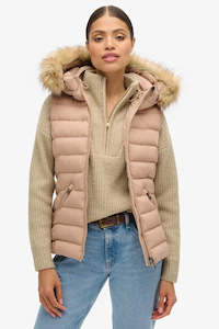 Superdry: Fuji Faux Fur Hoooded Gilet | Winter Taupe