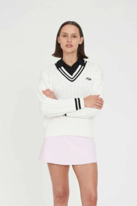 Huffer: Womens V-Neck Cable Knit | Chalk/Black