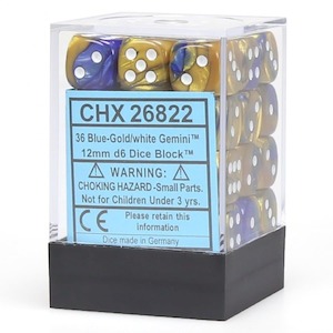D6 Dice Sets: CHX 26822 Gemini 12mm d6 Blue-Gold/white Block