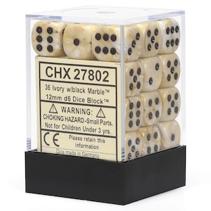 D6 Dice Sets: CHX 27802 Marble 12mm d6 Ivory/Black Block (36)