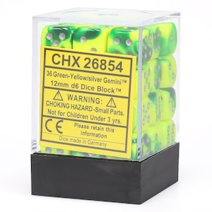 D6 Dice Sets: CHX 26854 Gemini 12mm d6 Green Yellow/Silver Block (36)