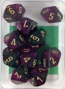 Chessex: CHX 26234 Gemini Polyhedral Green-Purple/Gold Set of Ten d10s