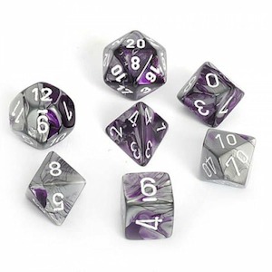 Chessex: CHX 26432 Polyhedral Gemini Purple-Steel/white 7-Die Set