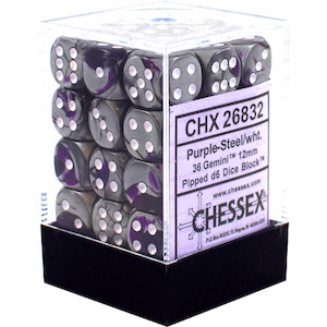 D6 Dice Sets: CHX 26832 Gemini 12mm d6 Purple-Steel/White Block (36)