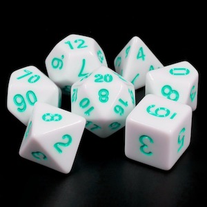 Polyhedral Sets: Polyhedral Dice Set | Acrylic | Solid White (Teal Ink) | Set of 7 (D0101)
