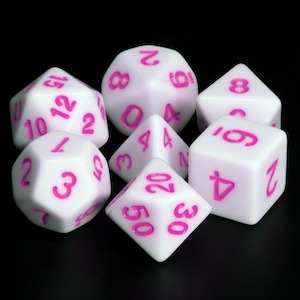 Polyhedral Dice Set | Acrylic | Solid White (Purple Ink) | Set of 7 (D0103)