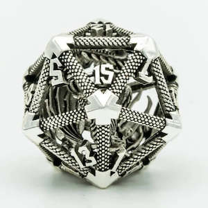 New Now In Stock: RPG Dice | Hollow Metal | "Contained Dragon" - Silver | Single Die (D0258)