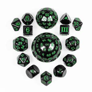 New Dice Shipment: Polyhedral Dice Set | Acrylic | D3 to D100 - Green | Set of 15 (D0194)