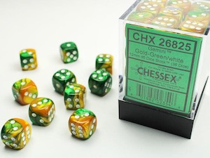 Chessex | d6 Dice Block | Acrylic | Gemini Gold-Green/white 12mm d6 (36 Dice) (CHX 26825)