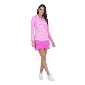 IBKUL Ladies Fatima Print Adjustable Length Long Sleeve Polo - Hot Pink/Candy Pink