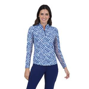 Ibkul: IBKUL Ladies Gingham Check Print Long Sleeve Mock Neck Top - Navy/White