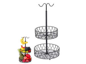 Home Living: 2-Tier Iron Fruit Bowl Stand with Double Banana Hanger Hooks