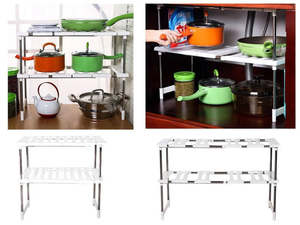 Kitchen: 2 Tiers Under Sink Expandable Shelf Organizer Shelves