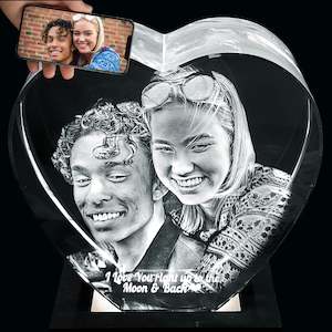 NZ Made Personalised XL 3D Photo Crystal Heart - 100mm x 90mm x 60mm