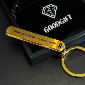 Laser Engraved Jewellery: NZ Made 18K Gold Plated Personalised Custom Text Bar Keychain