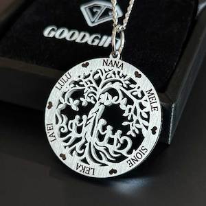 Laser Engraved Jewellery: NZ Made Family Tree Personalised Custom Pendant with 925 Sterling Silver Necklace