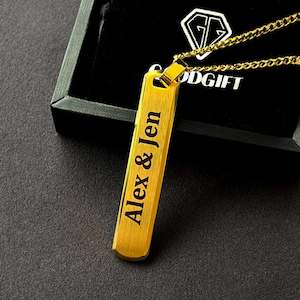 Laser Engraved Jewellery: NZ Made Personalised Custom 18K Gold Text Bar Necklace