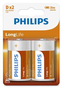 Philips Long Life Battery - Orange, D Size (2)