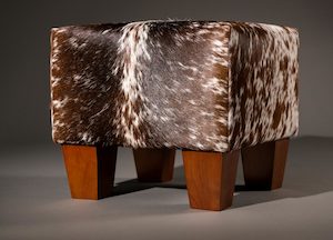 Small Footstools: Cowhide Cube Ottoman with Low Wooden Legs 40x40x35cm