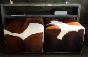 Small Footstools: Cowhide Cube with Wood Feature Base and Studs 50x50x40cm
