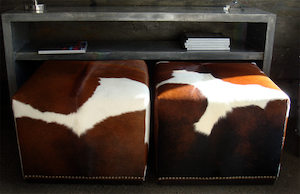 Cowhide Cube with Wood Feature Base and Studs 50x50x40cm