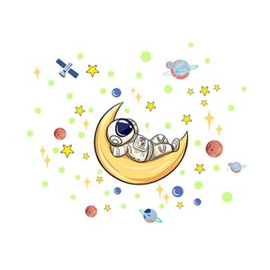 Wall Art: Glow In The Dark Astronaut On The Moon With Planet & Stars Wall Stickers