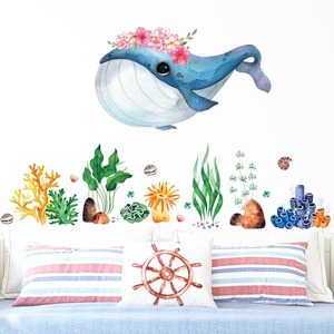 Wall Art: Blue Whale Fish with Underwater Seaweeds Wall Sticker