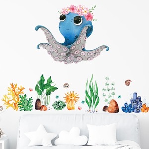 Octopus with Flowers & Underwater Creatures Wall Stickers for Kids Room