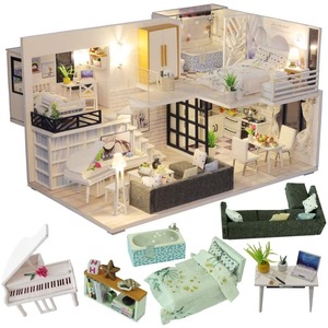 Dollhouse Miniature with Furniture Kit Plus Dust Proof and Music Movement - Happy Time