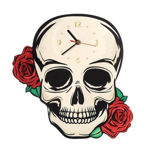 Unusual Novelty Clocks: Skull with Red Roses Wall Clock