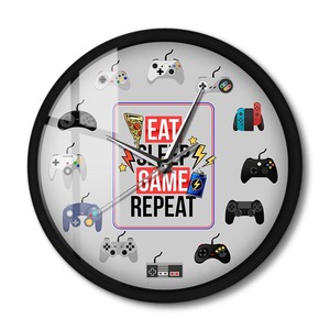 Eat Sleep Game Repeat Gamepad Controllers Metal Frame Wall Clock For Game Room
