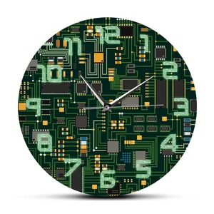 Color Printed Clocks: Computer Electronic Chip Circuit Board Geeky Wall Clock Green Pc Circuit Board