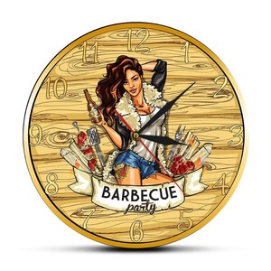 Color Printed Clocks: Barbecue Party Wall Sign Modern Wall Clock Cow Girl Holding Beer Grill Bbq Grill
