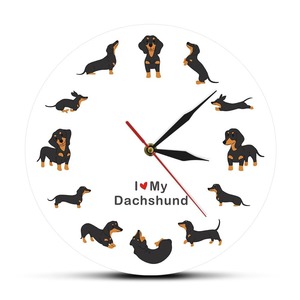 Color Printed Clocks: Cute Doxie Cartoon Style Dachshund Wall Clock Dog Breed Timepiece Sausage Dog