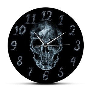 Color Printed Clocks: Smoke Smoking Kills on Skull Face Wall Clock Black Skeleton Fire Personality